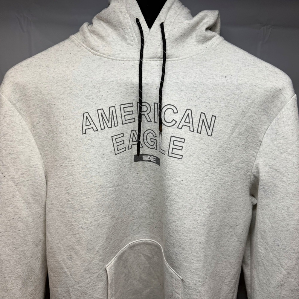 American Eagle Outfitters Men's Pullover Hoodie Small Cream Logo Graphic Pockets